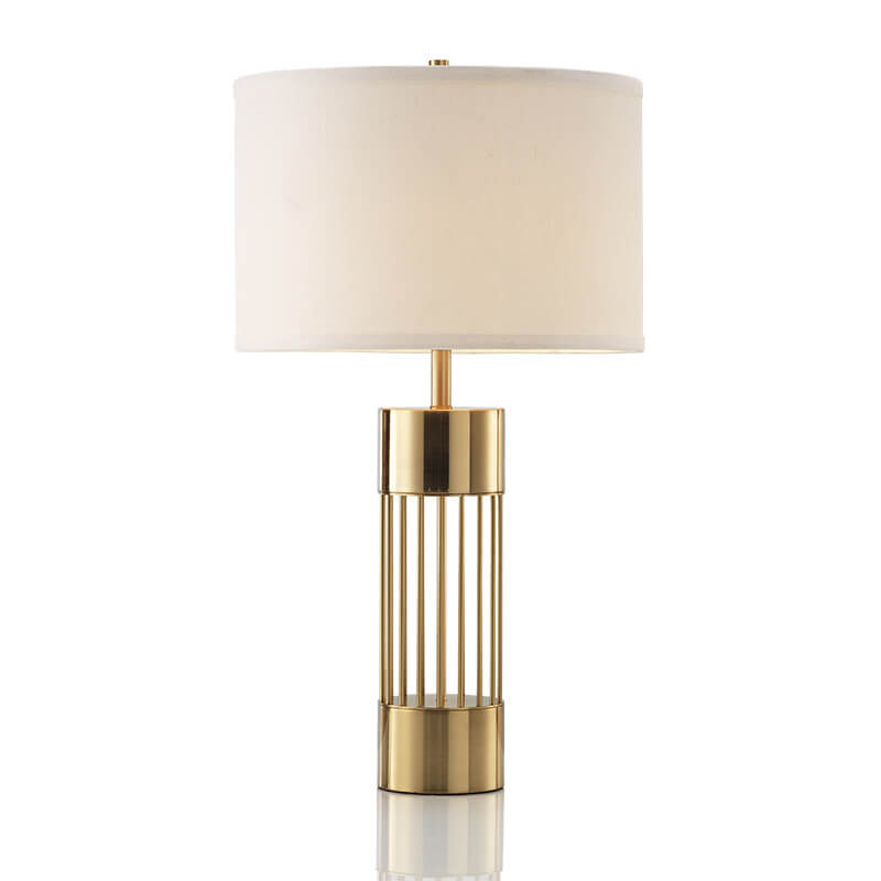 Lámpara de mesa de 1 luz con base de columna dorada y pantalla de tambor de tela minimalista nórdica 