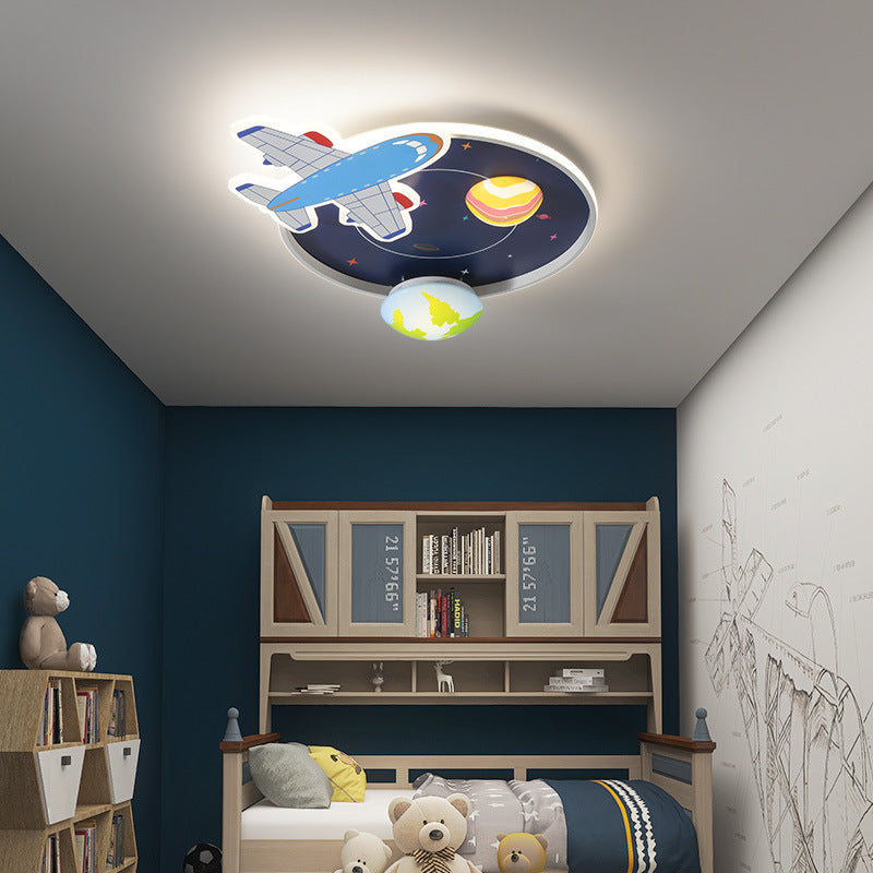 Contemporary Creative Round Acrylic Iron LED Aircraft Space Cartoon Kids Flush Mount Ceiling Light For Bedroom