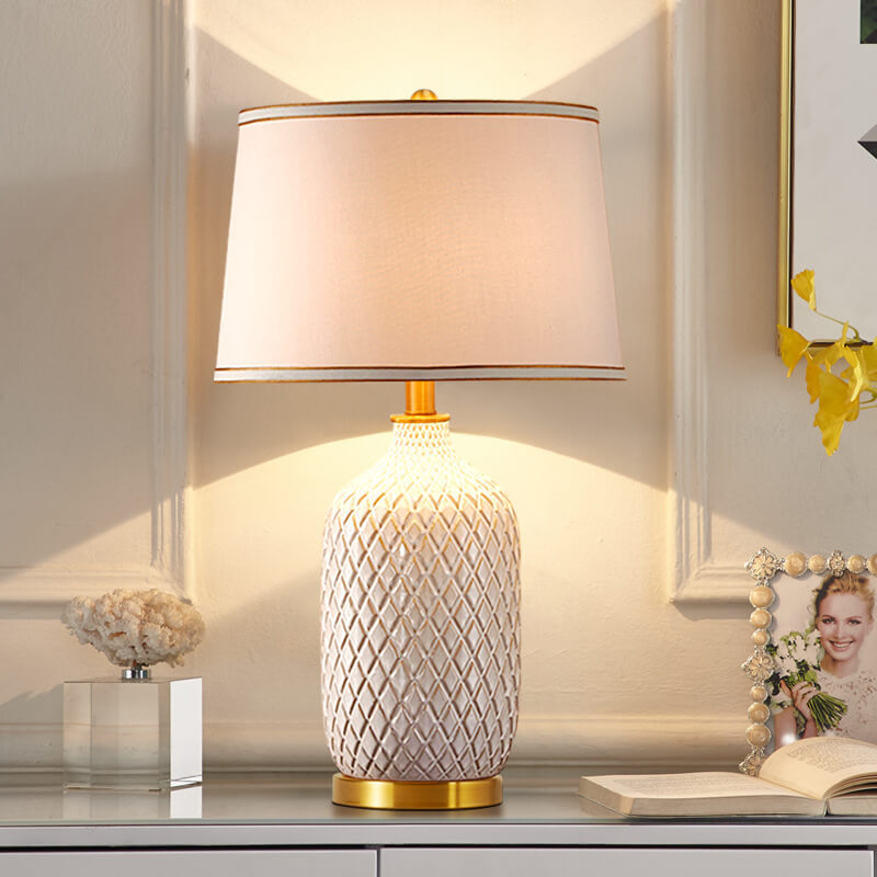 Lampe de table 1 lumière en tissu avec base en céramique rayée vintage européenne 