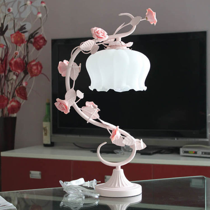Vintage Romantic Pink Glass Ceramics Roses 1-Light Table Lamp