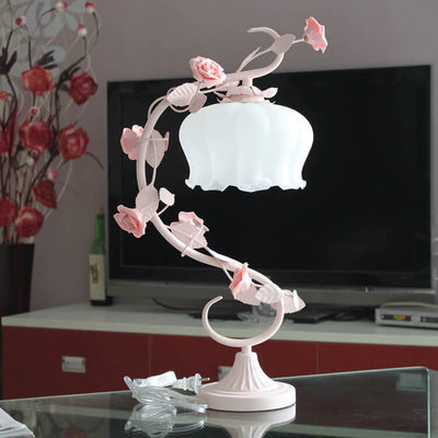 Vintage Romantic Pink Glass Ceramics Roses 1-Light Table Lamp