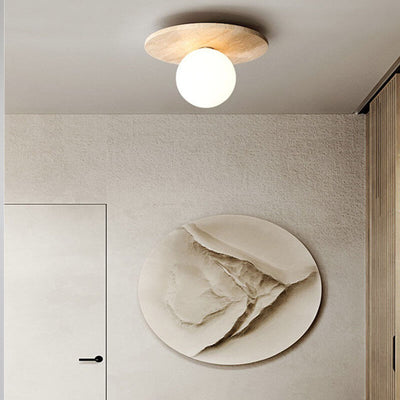 Japanese Minimalist Round Yellow Travertine Shade 1-Light Semi-Flush Mount Ceiling Light