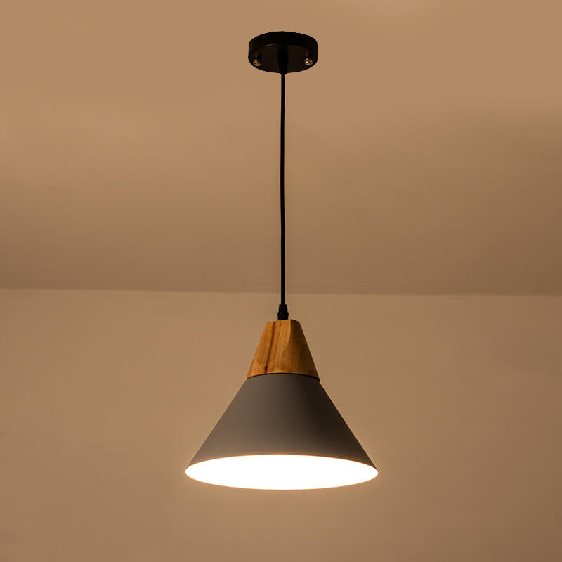 Industrial Minimalist Cone Wood Iron 1-Light Pendant Light