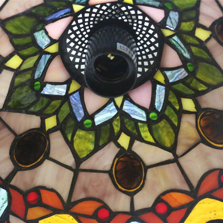 Vintage Tiffany Red Flower Stained Glass Dome 1-Light Pendant Light