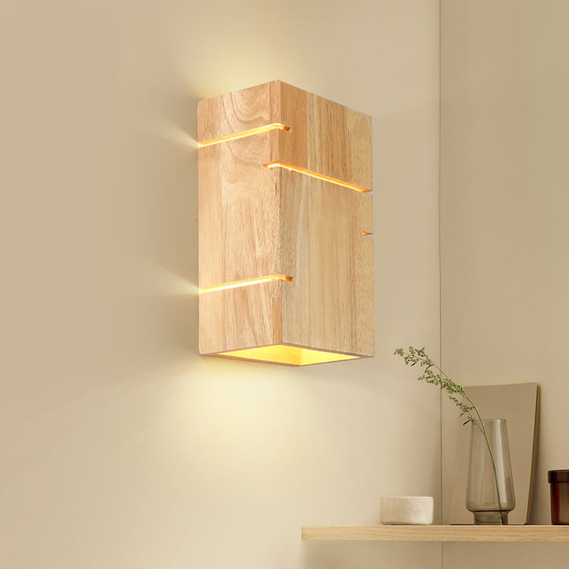 Japanese Minimalist Wooden Square 2-Light Wall Sconce Lamp