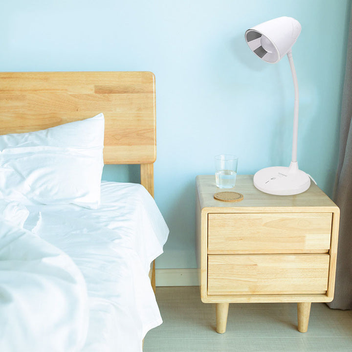Moderne minimalistische multifunktionale wiederaufladbare USB-LED-Tischlampe aus weißem ABS in Kegelform mit Touch-Funktion und augenschonendem Licht 