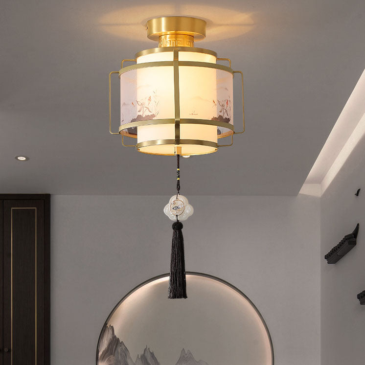 Modern Chinese Copper Fabric Round Tassel 1-Light Semi-Flush Mount Ceiling Light For Living Room