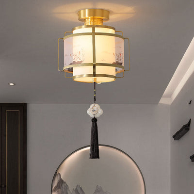 Modern Chinese Copper Fabric Round Tassel 1-Light Semi-Flush Mount Ceiling Light