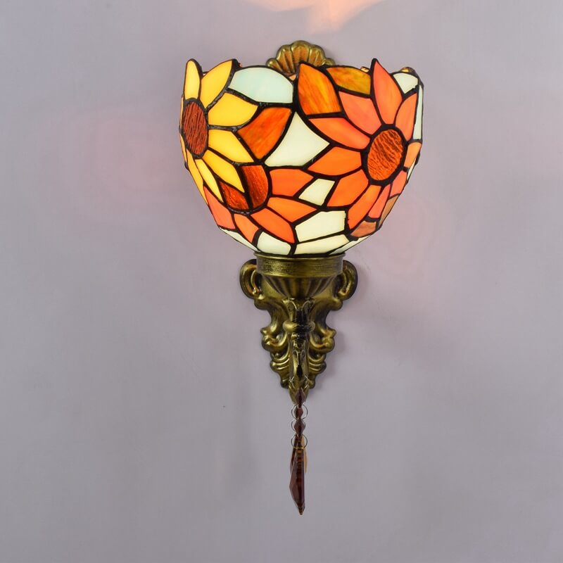Vintage Tiffany Sunflower Stained Glass 1-Light Wall Sconce Lamp