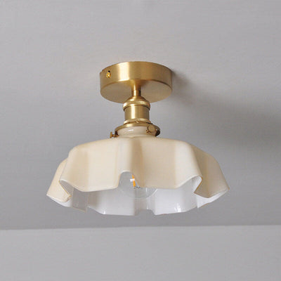 Japanese Vintage Cream Glass Floral Brass 1-Light Semi-Flush Mount Ceiling Light