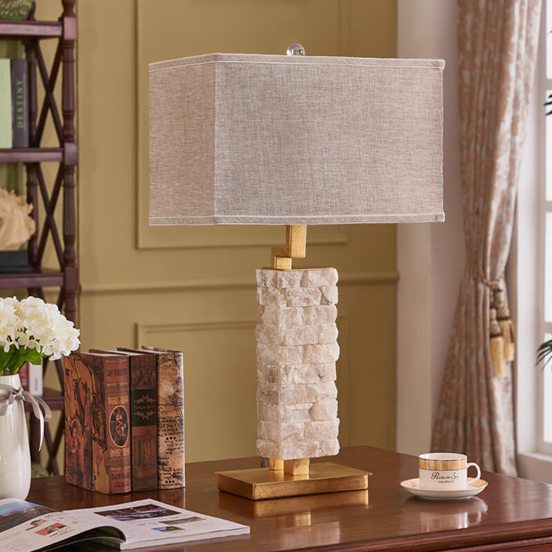 European Luxury Square Fabric Marble Column 1-Light Table Lamp