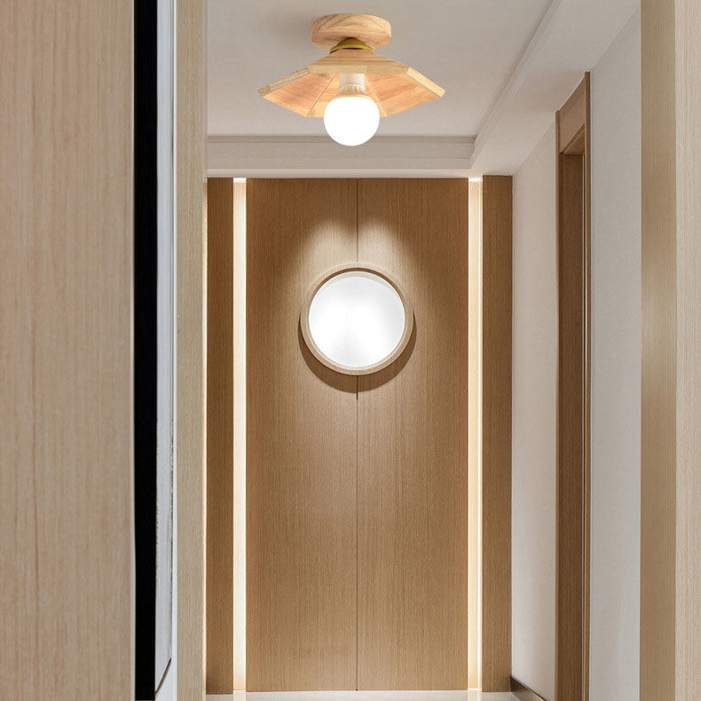 Traditional Japanese Oak Geometric Cone 1-Light Semi Flush Mount Ceiling Light For Living Room