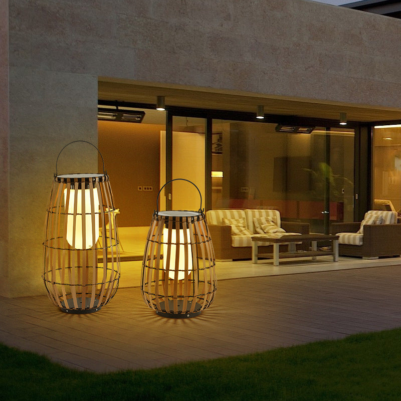 Contemporary Retro Imitation Rattan Weaving Cage Waterproof LED Lawn Landscape Light For Garden