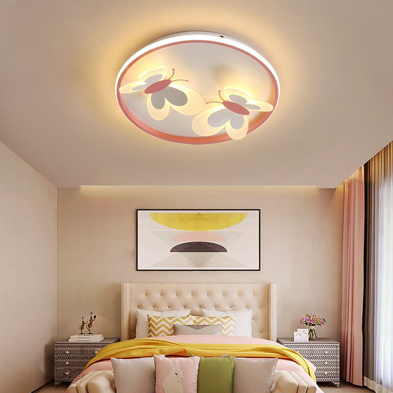 Cartoon Creative Pink Butterfly Circle LED Flush Mount Ceiling Light
