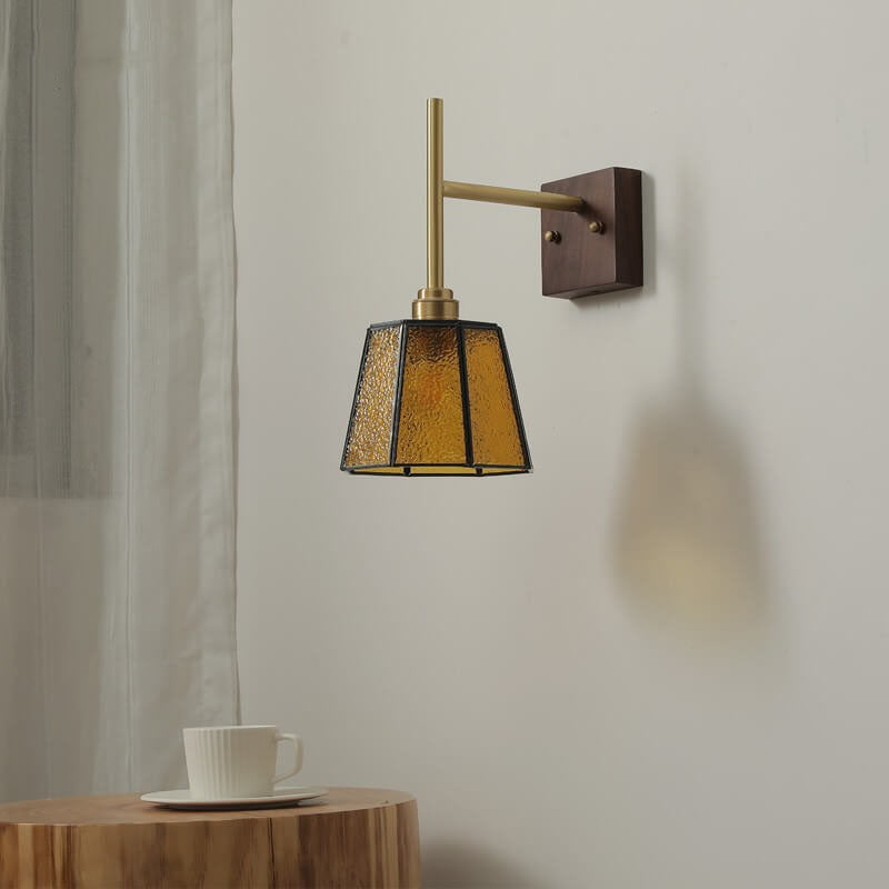 Vintage Amber Glass Shade Walnut 1-Light Wall Sconce Lamp