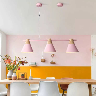 Nordic Macaron Cone Shade Wood Top 3-Light Chandelier