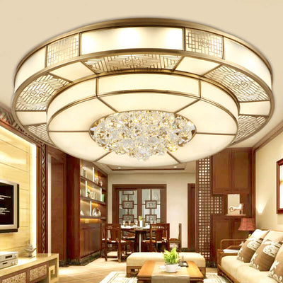 Luxury Chinese Round Crystal Brass LED Flush Mount Ceiling Light