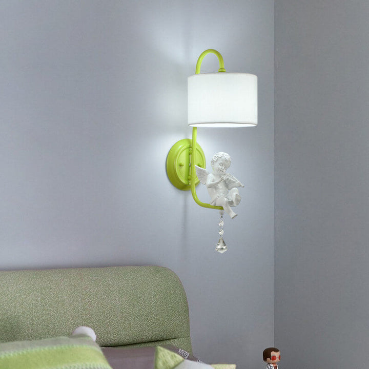 French Cream Angel Iron Crystal Resin Fabric 1-Light Wall Sconce Lamp