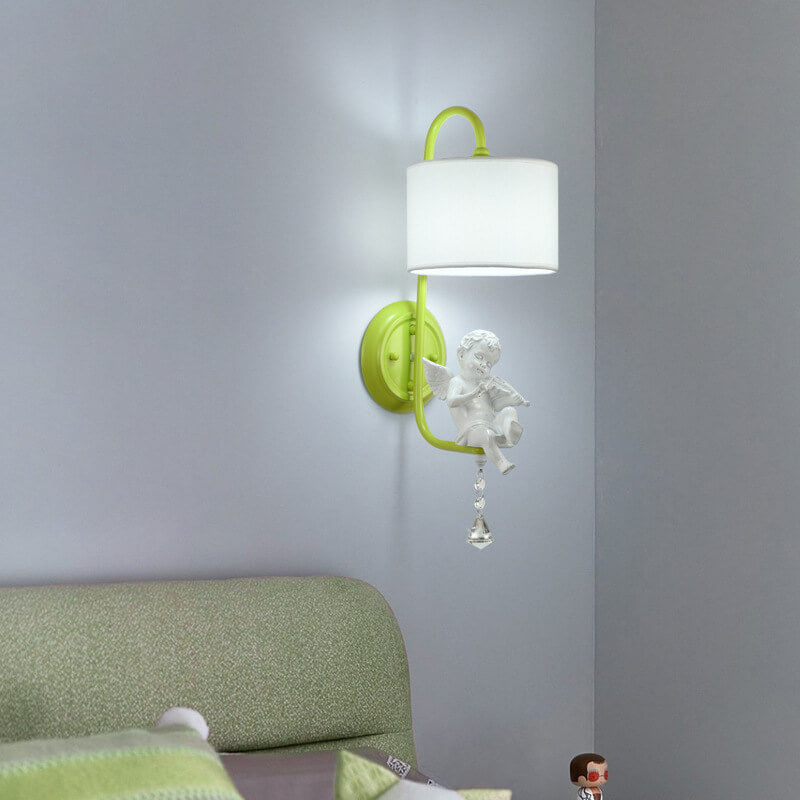 French Cream Angel Iron Crystal Resin Fabric 1-Light Wall Sconce Lamp