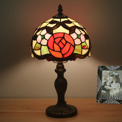 Vintage Tiffany Flower Stained Glass Dome 1-Light Table Lamp