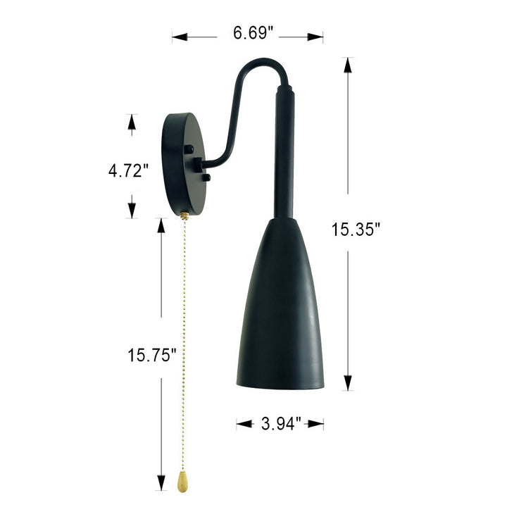 Applique murale moderne minimaliste en fer noir et bois de fer à 1 lumière avec interrupteur à glissière 