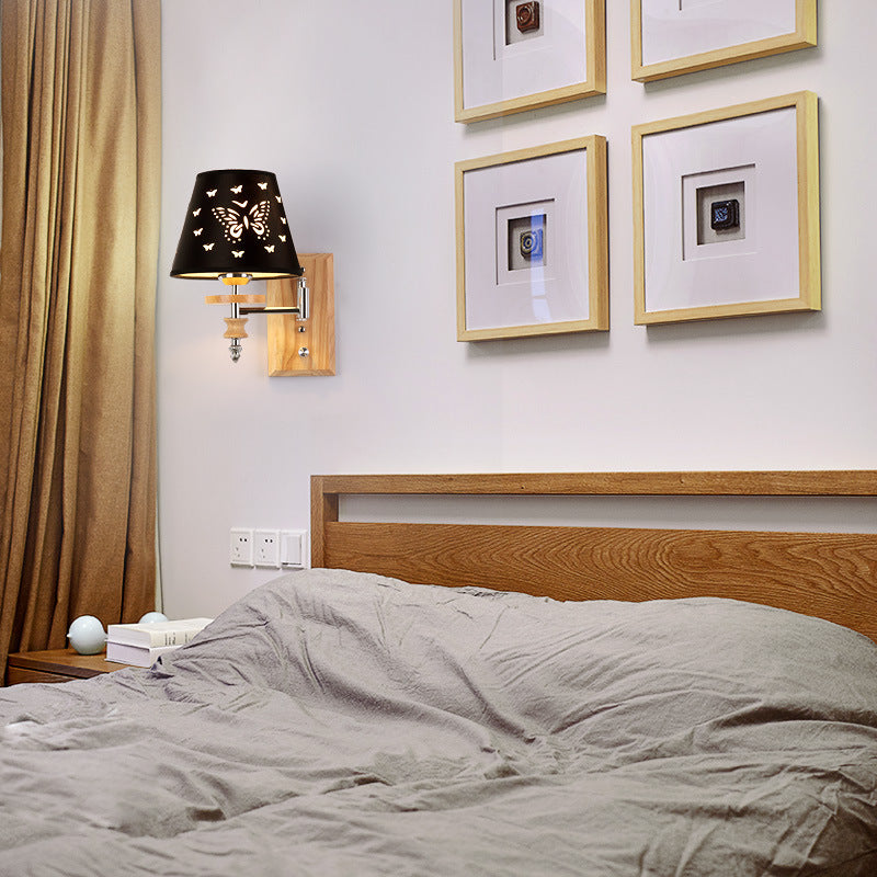 Zeitgenössische nordische Wandleuchte aus Eisen, Stoff und Kiefernholz in Schmetterlings-Kegelform, 1/2-flammig, für Wohnzimmer &amp; Schlafzimmer 
