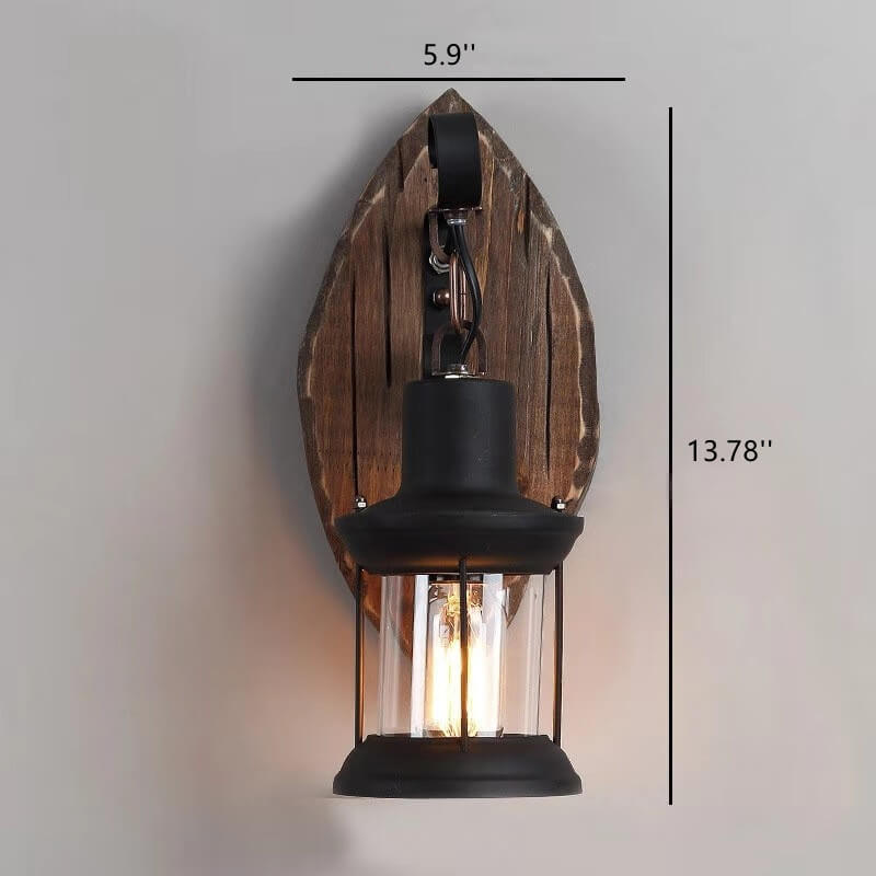 Glass Iron Lampshade Wooden Base 1-Light Cylinder Sconce Lamp