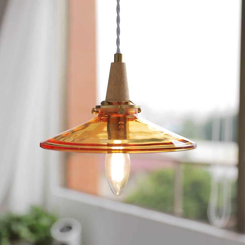 Lustre suspendu vintage en verre orange avec cône et bois massif à 1 ampoule 