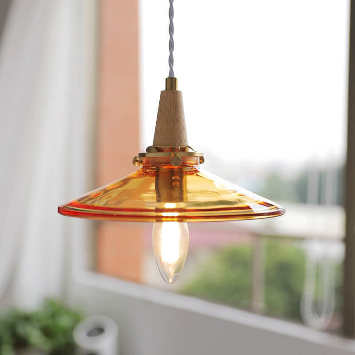 Lustre suspendu vintage en verre orange avec cône et bois massif à 1 ampoule 