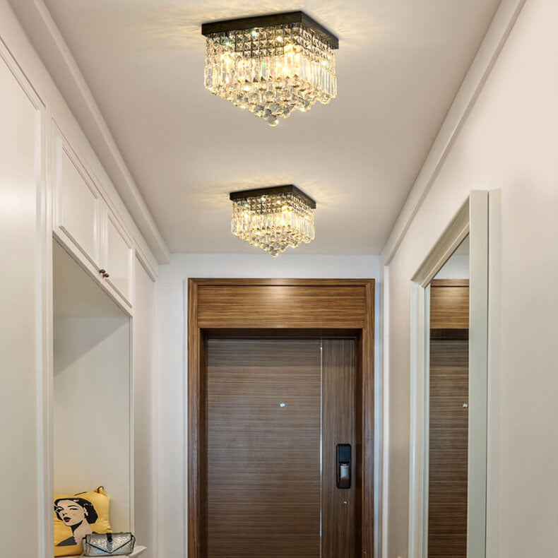 Traditional European Square Crystal Beaded Curtain 4-Light Flush Mount Ceiling Light For Living Room