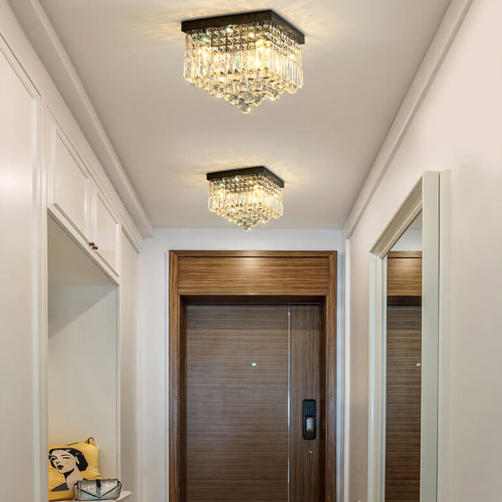 Traditional European Square Crystal Beaded Curtain 4-Light Flush Mount Ceiling Light For Living Room