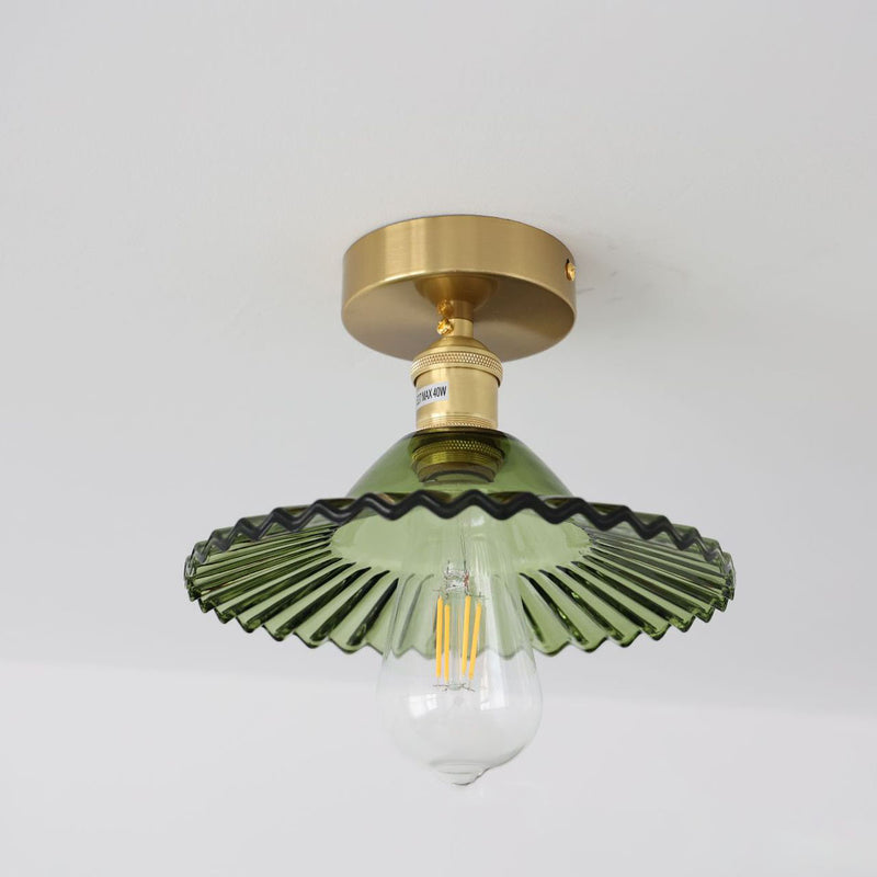 Japanese Vintage Glass Brass Lotus 1-Light Semi-Flush Mount Ceiling Light