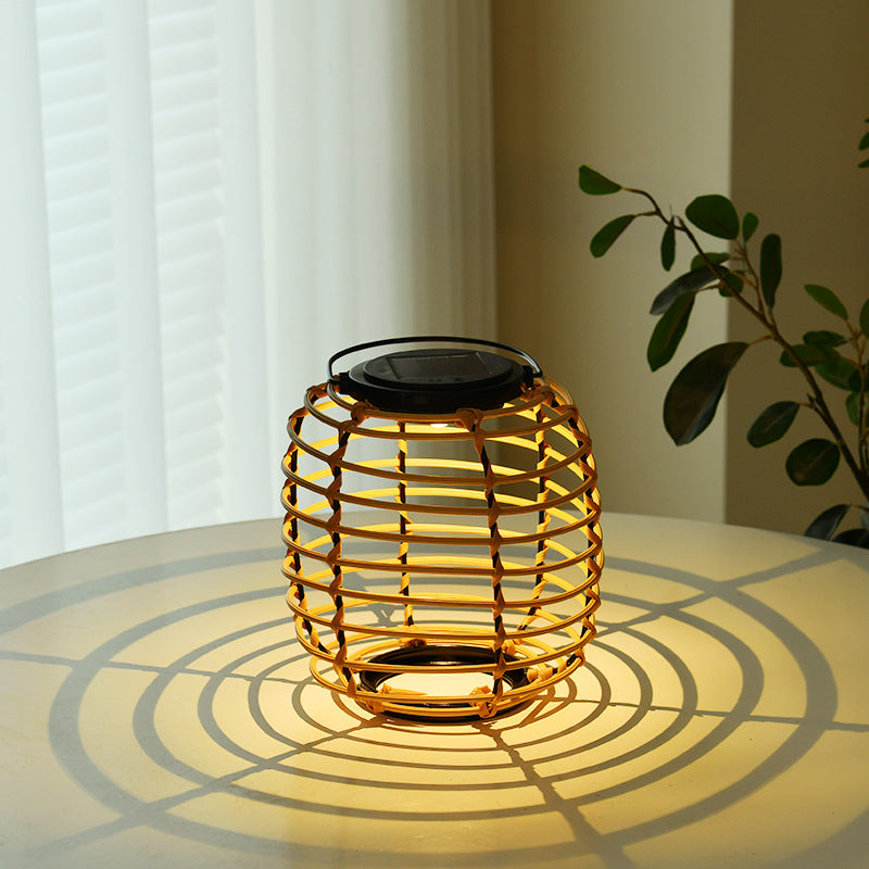 Lampe de table de jardin à LED étanche avec cylindre de tissage en rotin extérieur solaire 