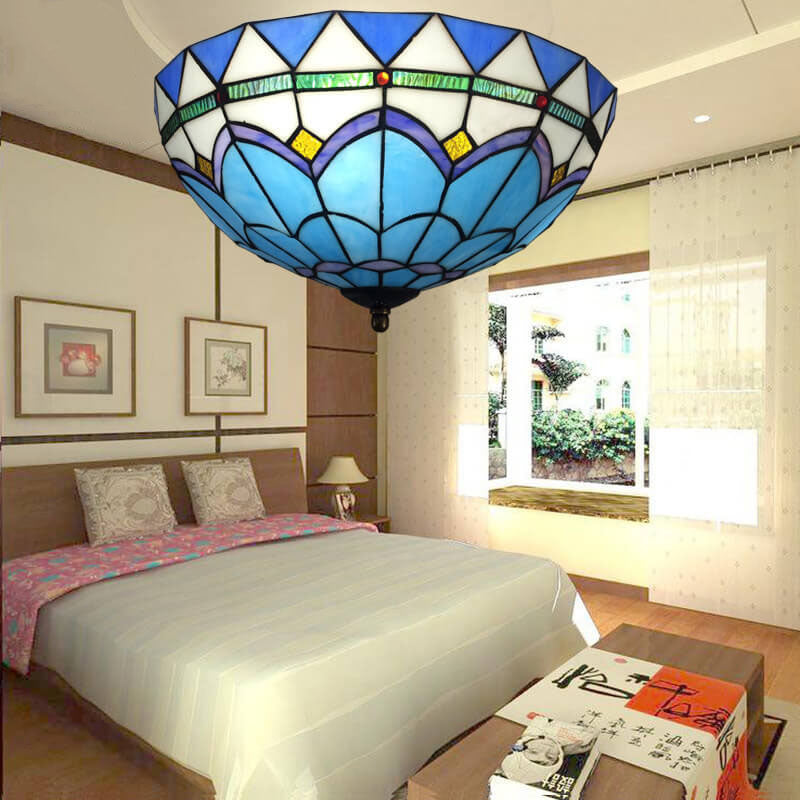 Traditional Vintage Mediterranean Stained Glass Dome 3-Light Flush Mount Ceiling Light For Living Room