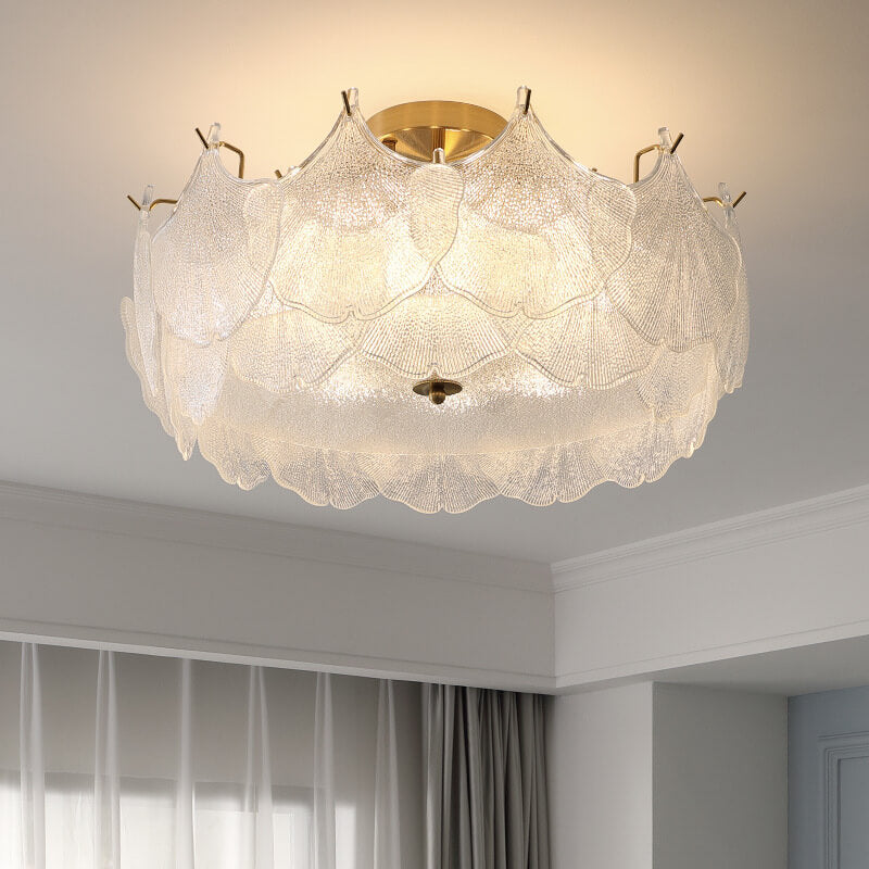 Traditionelle französische Ginkgo-Blatt-Hardware-Glas 5/8 Licht Semi-Flush-Mount-Deckenleuchte für das Wohnzimmer 