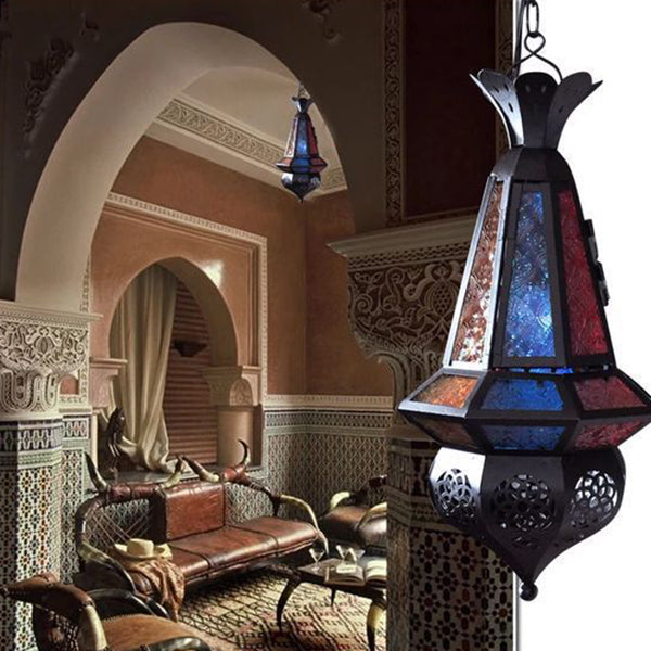 Traditionelle Vintage-Pendelleuchte im marokkanischen Stil mit Skelett-Design, Buntglas und Eisenkäfig, 1-flammig, für das Wohnzimmer 