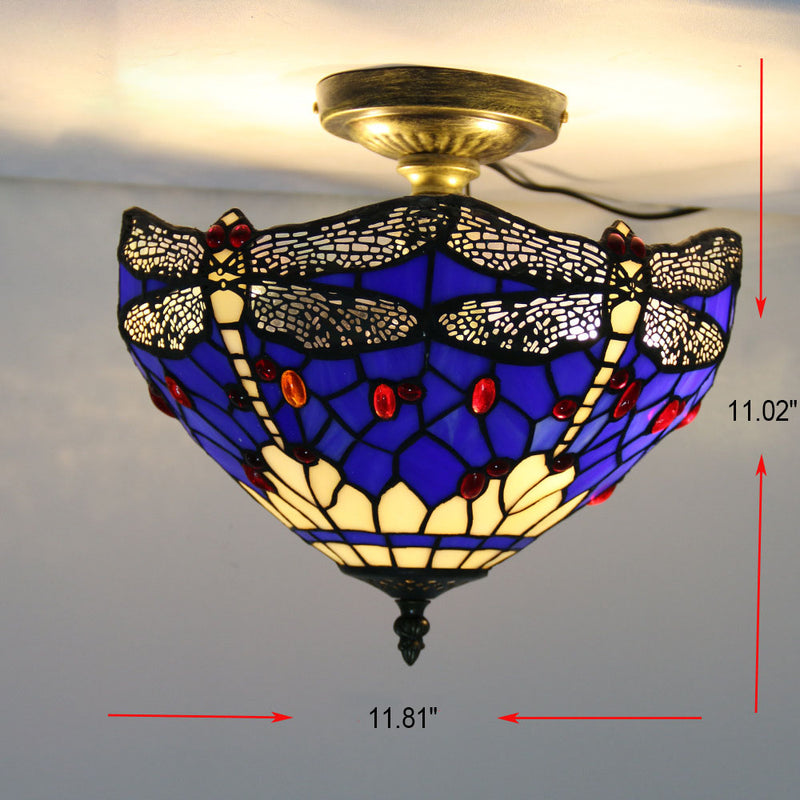 European Tiffany Purple Dragonfly Stained Glass 1-Light Semi-Flush Mount Ceiling Light