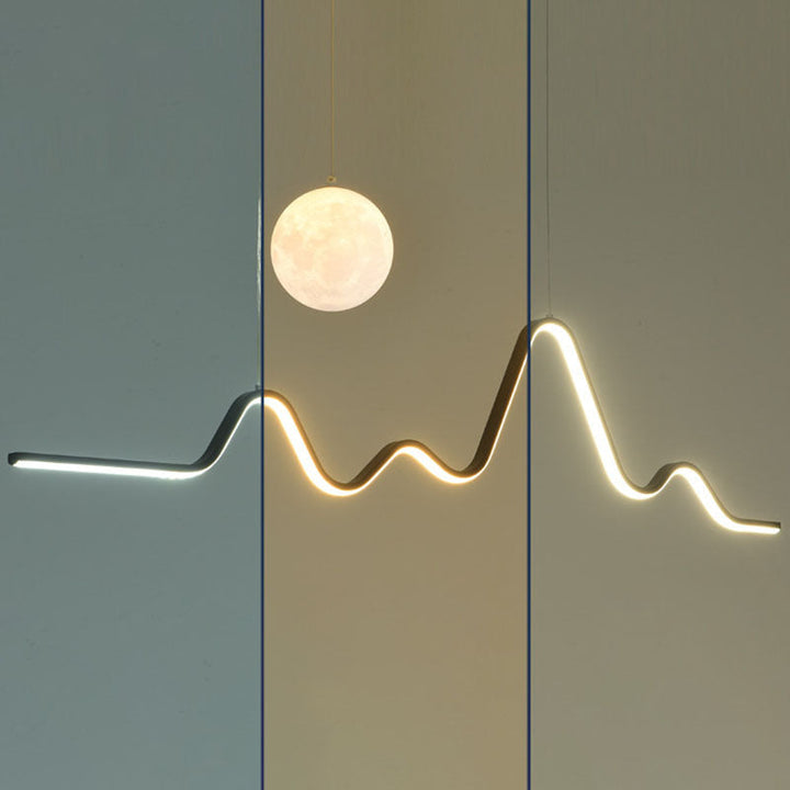 Moderner minimalistischer Kronleuchter mit gewelltem Aluminiumstreifen und PLA 3D-Mondschirm LED-Insellicht für das Esszimmer 