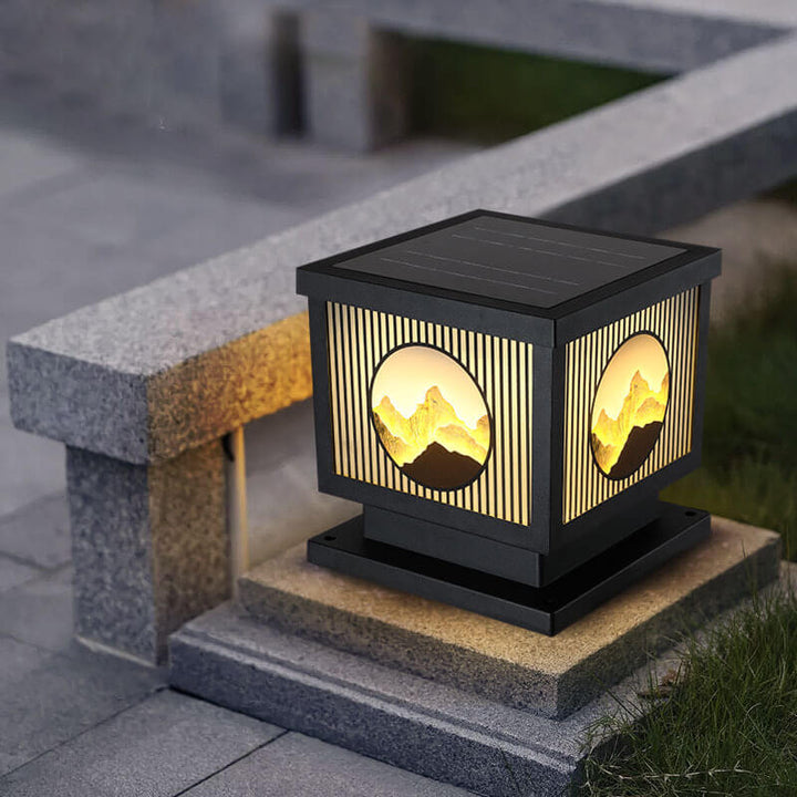 Traditionelle chinesische wasserdichte LED-Garten- und Landschaftsleuchte für den Außenbereich mit quadratischem Aufsatz aus Aluminium und gehärtetem Glas 