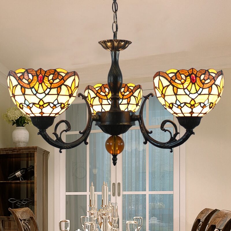 Vintage Tiffany Baroque Stained Glass 3-Light Chandelier
