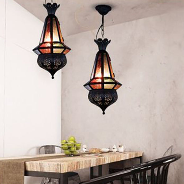 Traditionelle Vintage-Pendelleuchte im marokkanischen Stil mit Skelett-Design, Buntglas und Eisenkäfig, 1-flammig, für das Wohnzimmer 