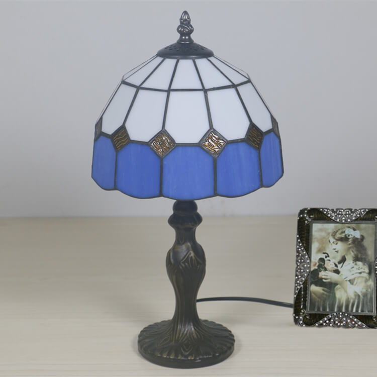 Vintage Tiffany Gemstone Stained Glass Round 1-Light Table Lamp