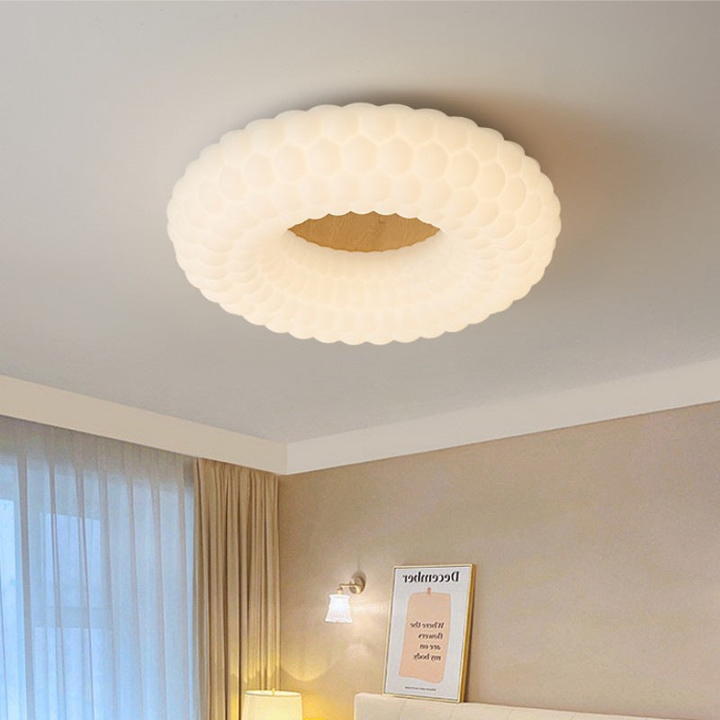 Contemporary Simplicity Cloud PE Round Shade Wood Grain LED Flush Mount Ceiling Light For Bedroom