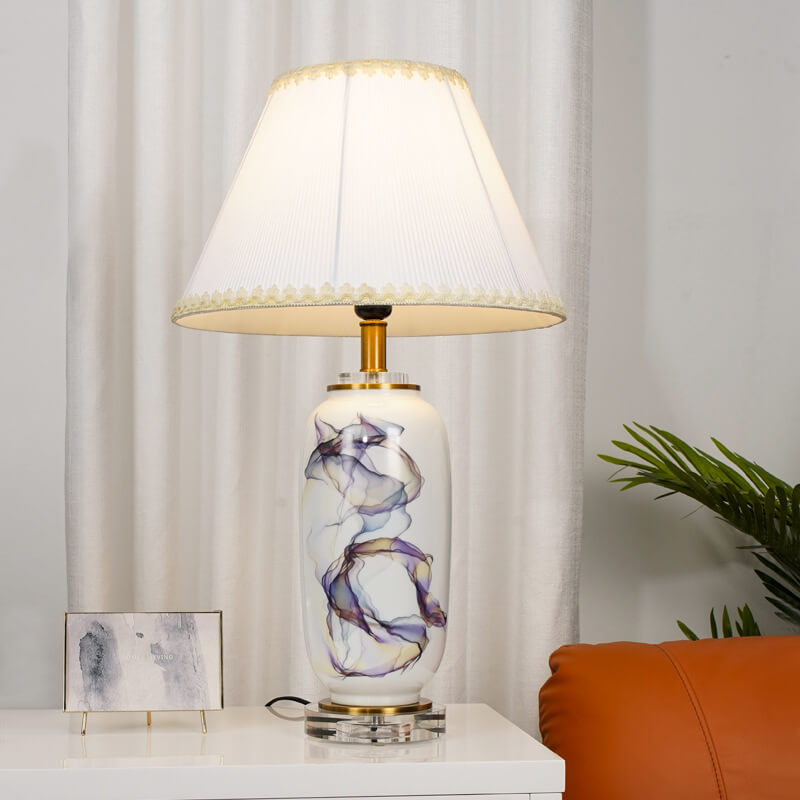 Traditional Chinese Ink Crystal Ceramic Pleated Fabric Column Round 1-Light Table Lamp for Living Room