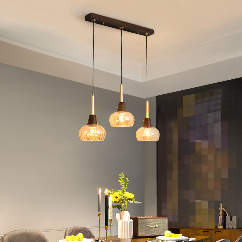 Zeitgenössischer Retro-Holzrahmen-Glasbecher-Schirm 1/3-Licht-Insel-Licht-Kronleuchter für Wohnzimmer 