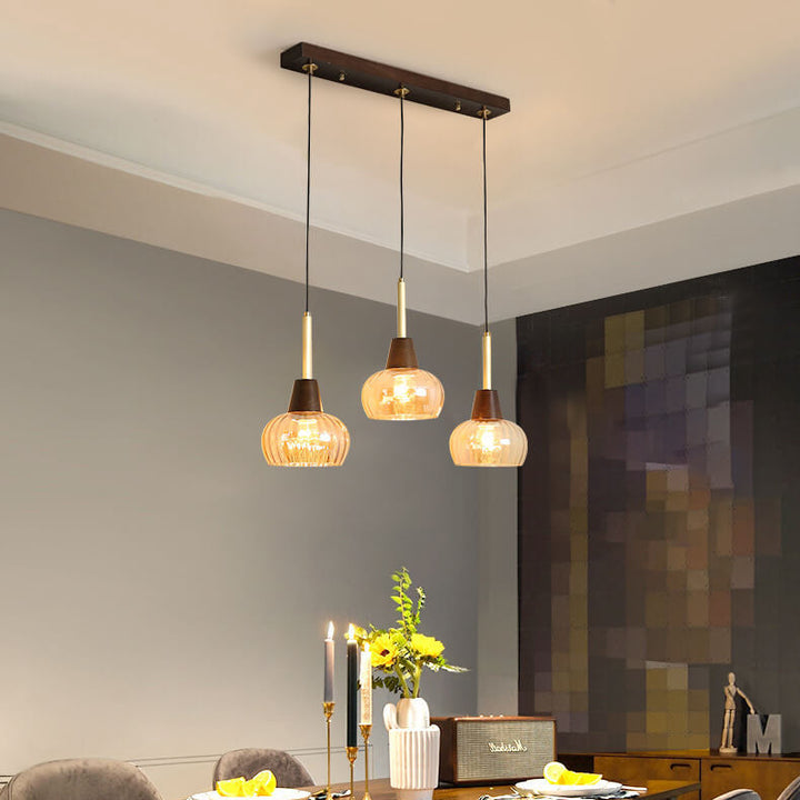 Zeitgenössischer Retro-Holzrahmen-Glasbecher-Schirm 1/3-Licht-Insel-Licht-Kronleuchter für Wohnzimmer 