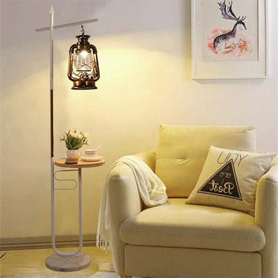 European Vintage Simple Lantern Table Iron Wood Marble 1-Light Standing Floor Lamp