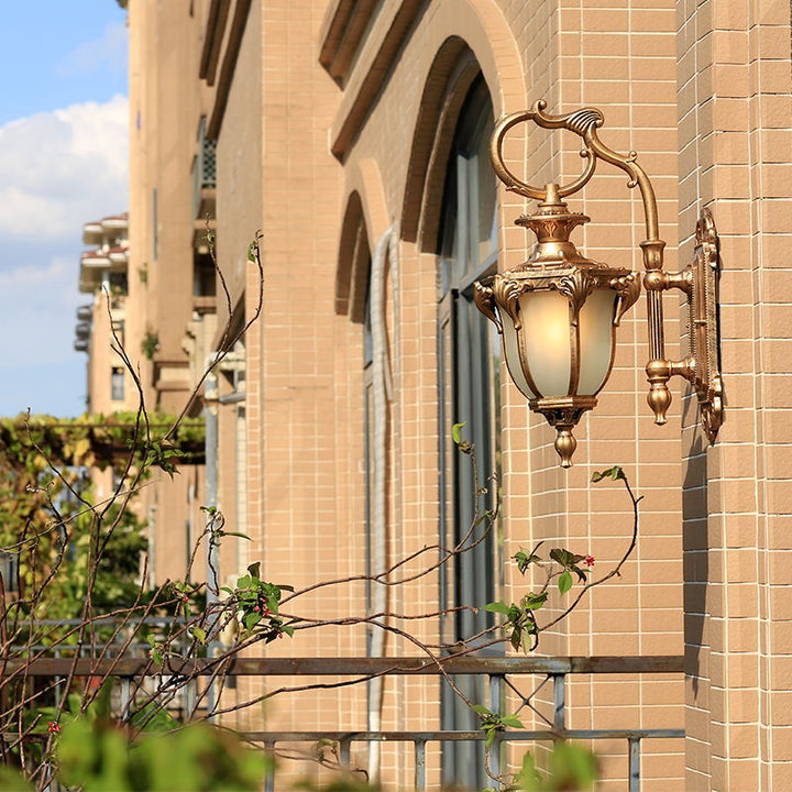 Traditional European Aluminum Glass Carved Lantern 1-Light Outdoor Waterproof Wall Sconce Lamp