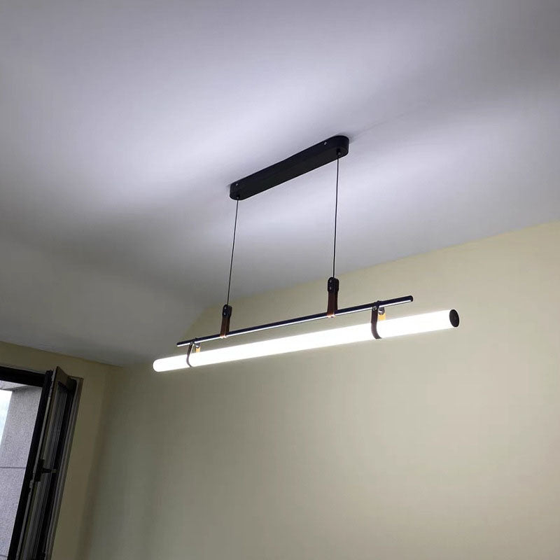 Moderner minimalistischer langer Streifen aus Eisen, Acryl und Kunstleder, LED-Insel-Leuchter für Wohnzimmer und Esszimmer 