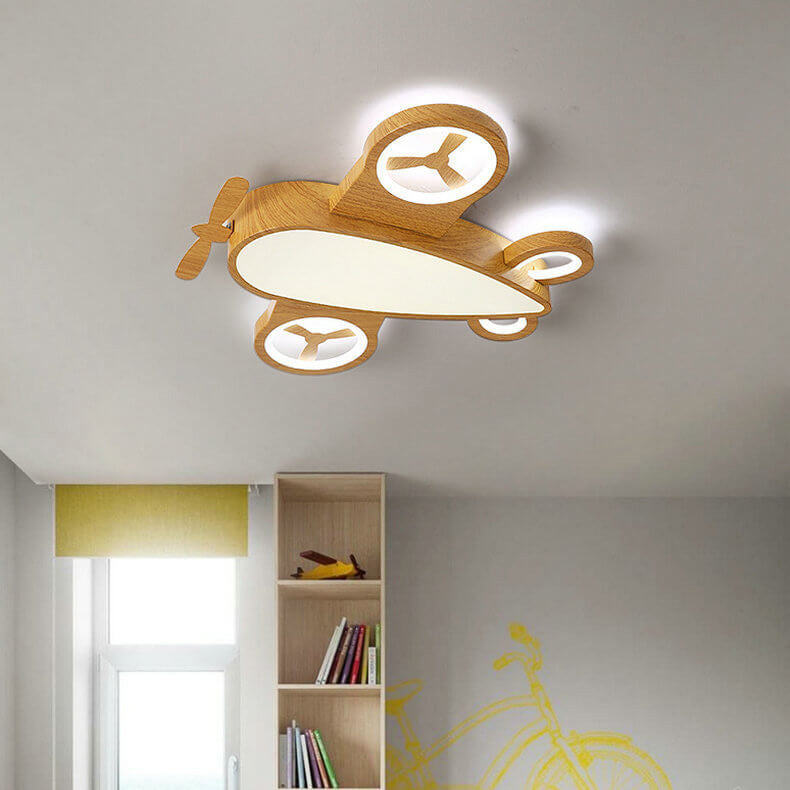 Cartoon Creative Wood Grain Aircraft LED Kids Flush Mount Ceiling Light